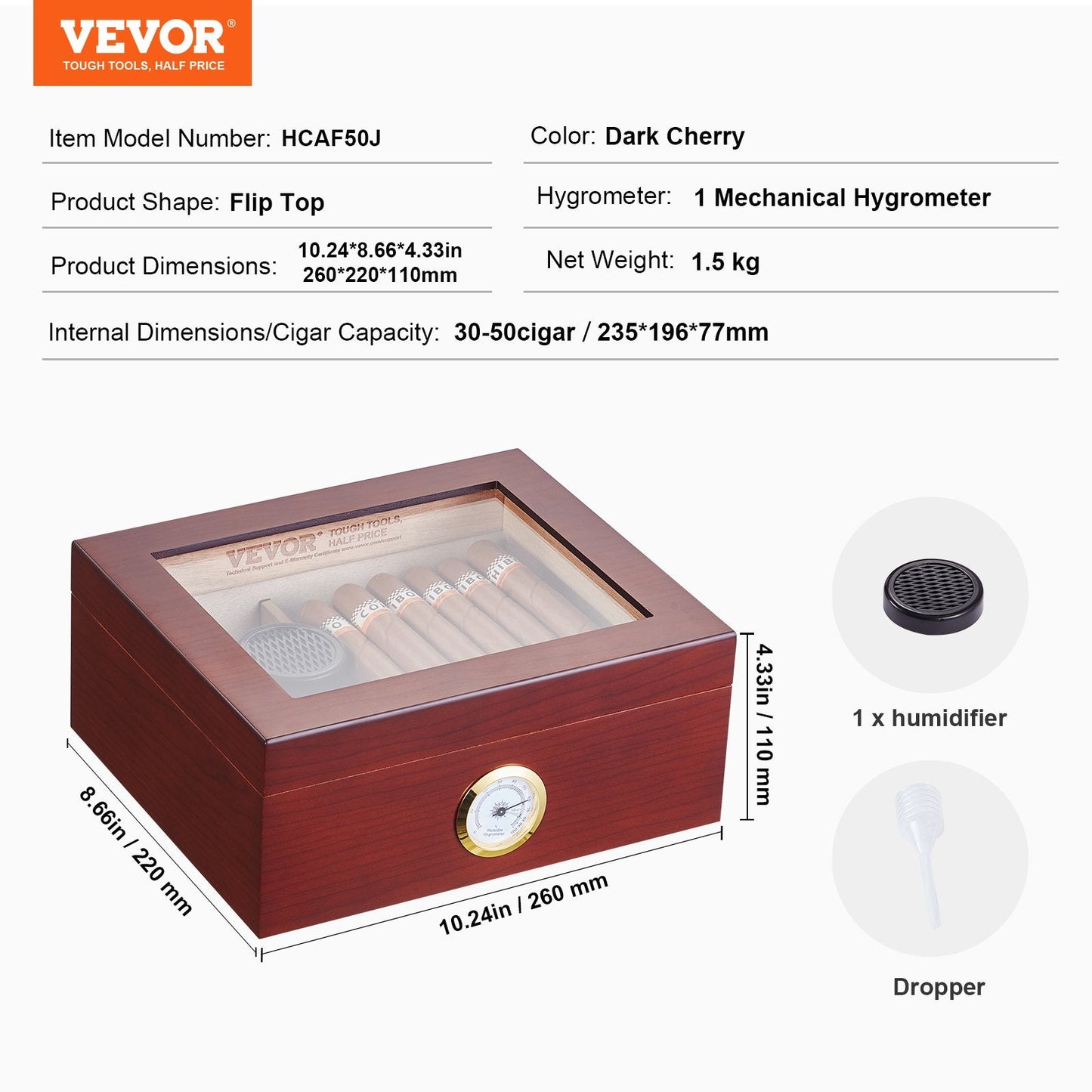 Handcrafted Cedar Cigar Humidor with Glass Top for 30-50 Cigars, Gift for Men