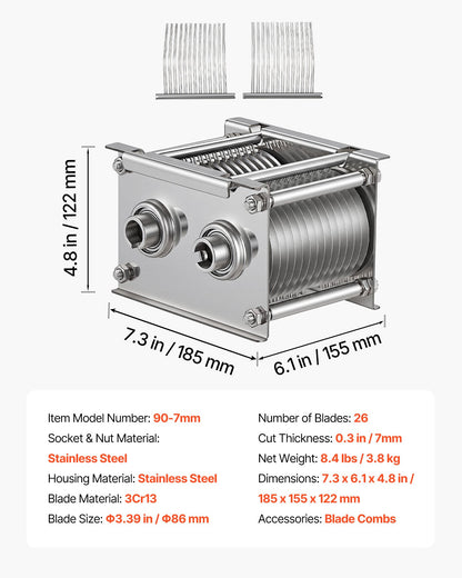 Meat Cutter Machine Blade, 7 mm Replacement Commercial Blade for Model 90 Food Slicer, Stainless Steel, for Boneless Meat, Soft Vegetables
