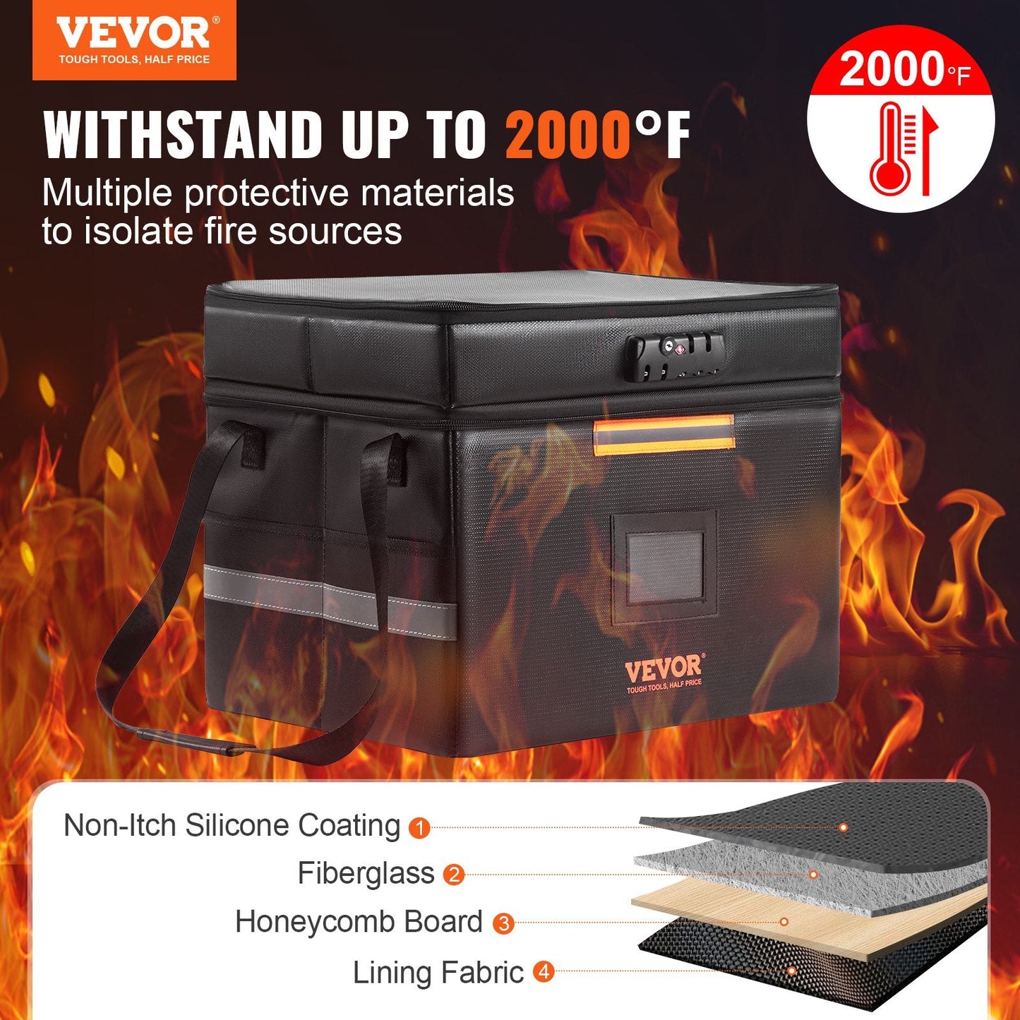 Fireproof & Waterproof Document Box with Lock, 3 Layers, 2000°C Protection