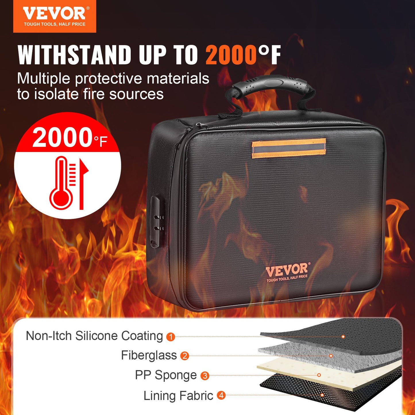 VEVOR Fireproof Document Box, Fireproof Document Bag with Lock 2000℉, 3-layer Fireproof
