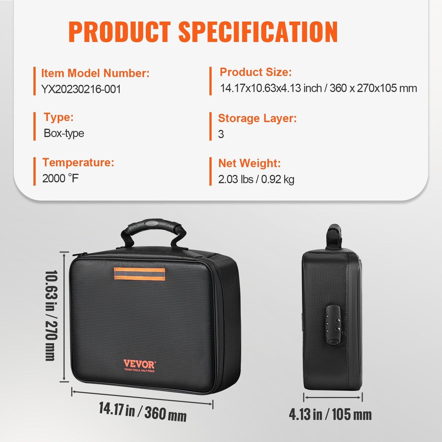 Fireproof & Waterproof Document Box with Lock - 3-Layer Storage, 2000°C Protection