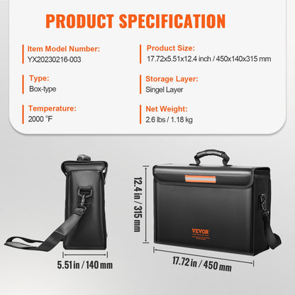 VEVOR Fireproof Document Box, Fireproof Document Bag with 2000℉, 3-layer Folding