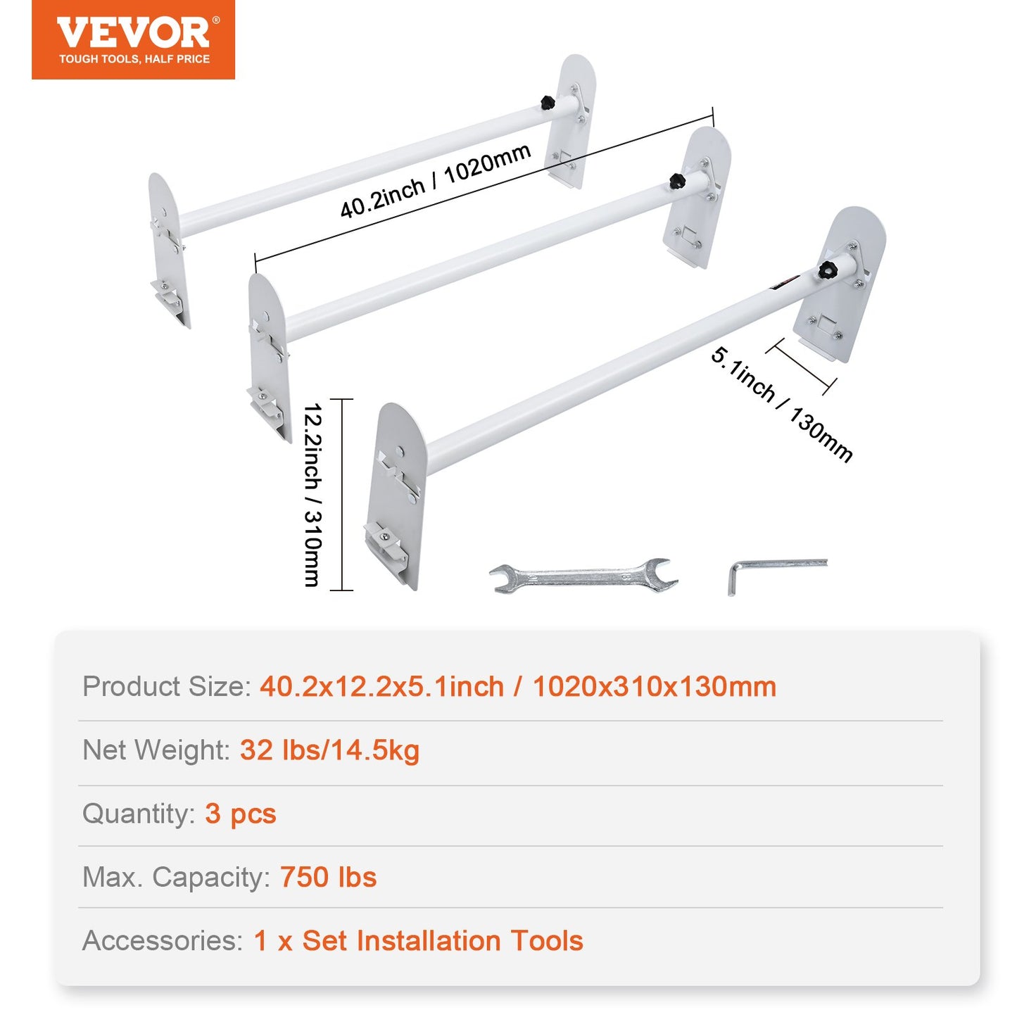 VEVOR Van Roof Ladder Rack, 3 Bars Alloy Steel Roof Racks, 750 LBS Capacity Rain-Gutter