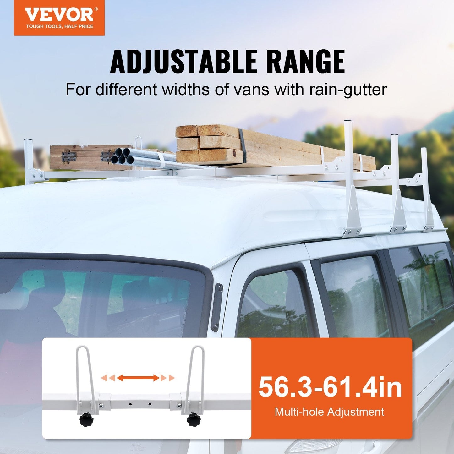 Adjustable 3-Bar Roof Ladder Rack for Full-Size Vans, 340 kg Capacity, Rustproof