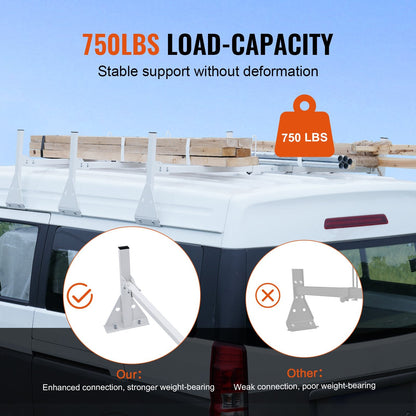 Adjustable 3-Bar Roof Ladder Rack for Full-Size Vans, 340 kg Capacity, Rustproof