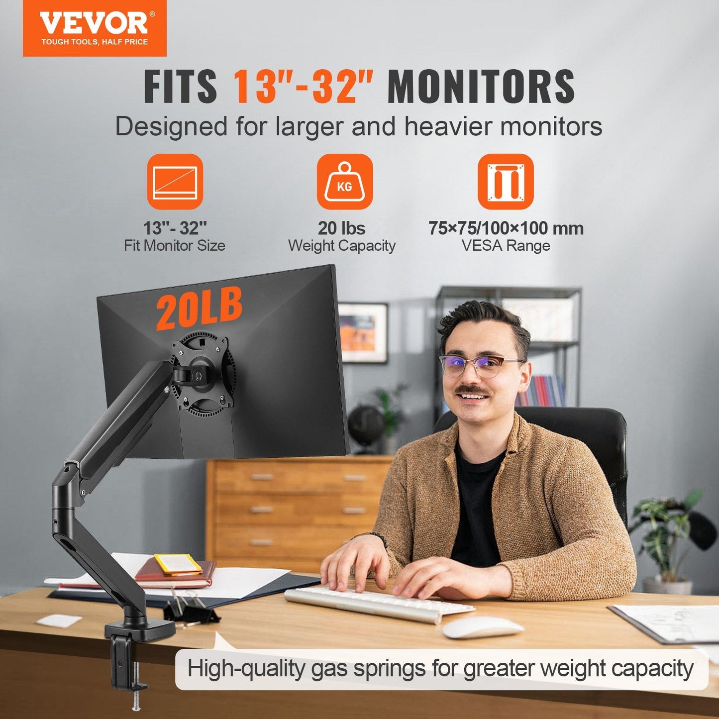 Single Monitor Arm Mount for 13-32" Screens, Adjustable, Holds Up to 9.1 kg