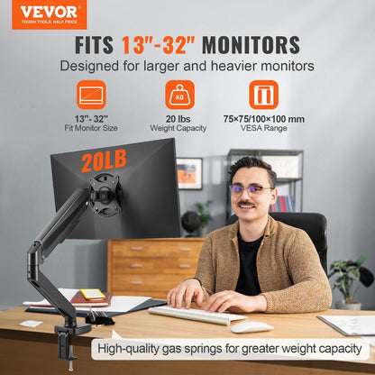 Single Monitor Arm Mount for 13-32" Screens, Adjustable, Holds Up to 9.1 kg