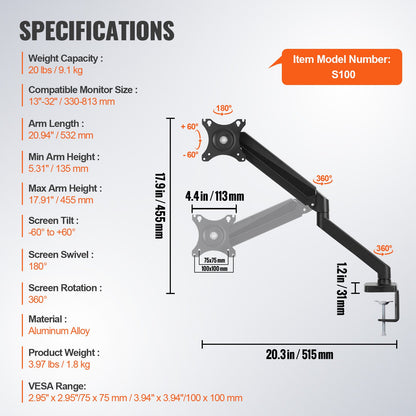 VEVOR Single Monitor Mount, Supports  13"-32"（330-813 mm）Screen, Fully Adjustable