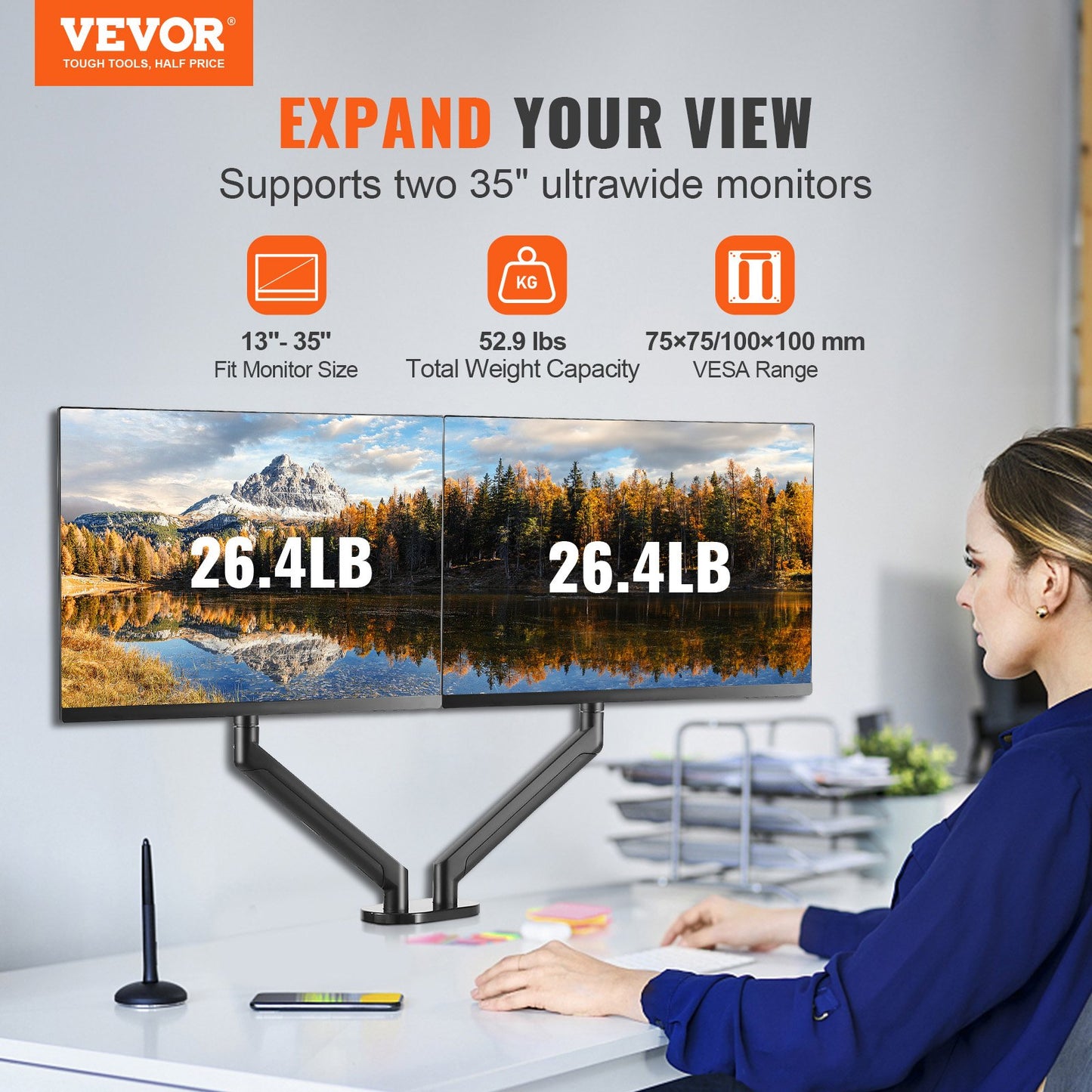 VEVOR Dual Monitor Mount, Supports 13"-35"（330-889 mm）Screens, Fully Adjustable