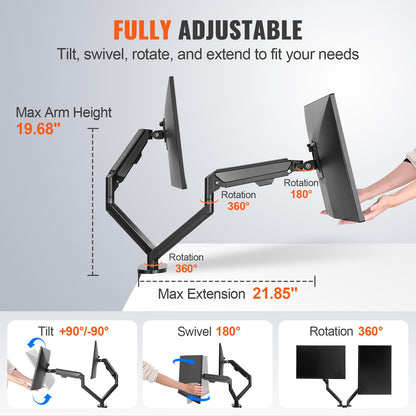 VEVOR Dual Monitor Mount, Supports 13"-35"（330-889 mm）Screens, Fully Adjustable