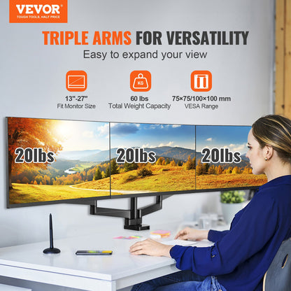 VEVOR Triple Monitor Mount, Support 13"-27"（330-686 mm）Screens, Fully Adjustable