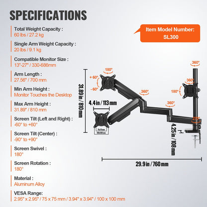 Triple Monitor Mount with Gas Spring Arm, Fits 330-686 mm Screens, 9.1 kg Capacity