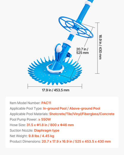 Suction Pool Cleaner, Automatic Pool Vacuum Cleaner, Suction Side Automatic Pool Cleaner, Suction Vacuum Pool Sweeper with 12 Hoses, for In-ground and Above-ground Pool Up to 609.6 x 1066.8 cm