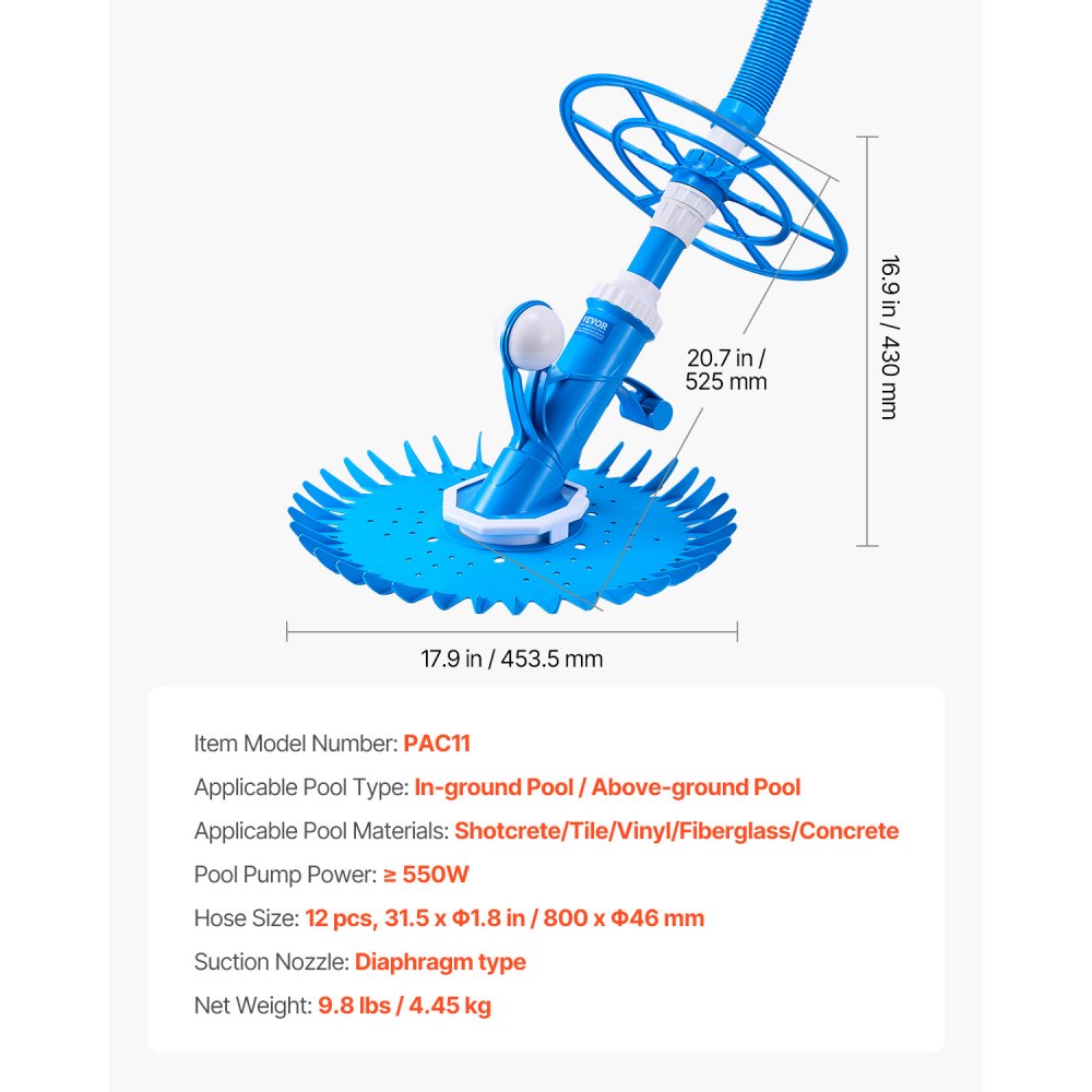 VEVOR Suction Pool Cleaner Vacuum Cleaner 12 Hoses for In/Above-ground Pool