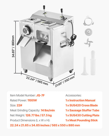 VEVOR Commercial Electric Meat Grinder Slicer 6.35 kg/Min Sausage Stuffer Maker
