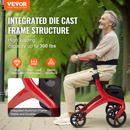 Lightweight Folding Rollator Walker with Seat, 136 kg Capacity, Red/Black