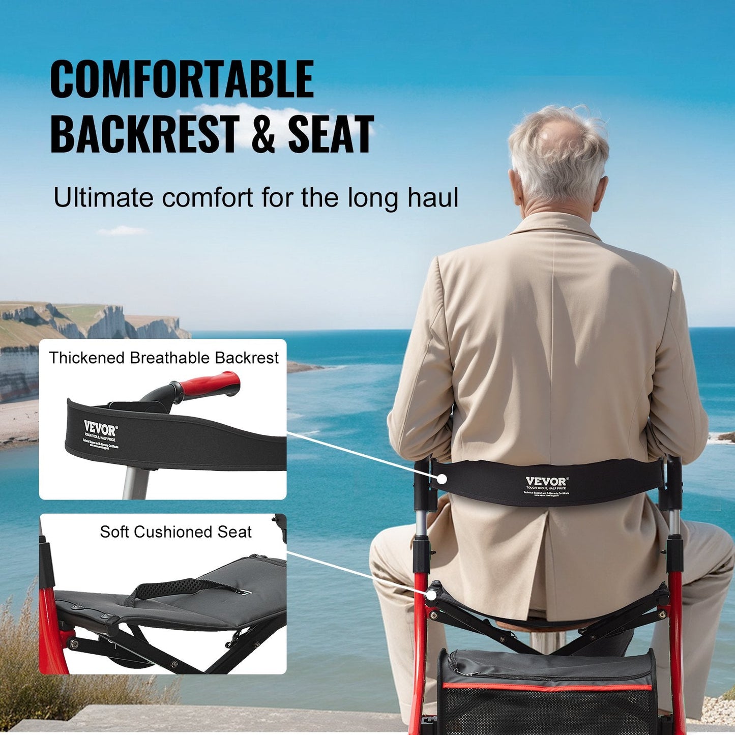 Lightweight Folding Rollator Walker with Seat, 136 kg Capacity, Red/Black