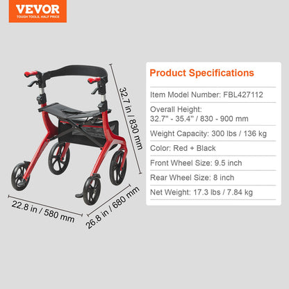 VEVOR Folding Rollator Walker for Seniors and Adults, Lightweight Aluminum Rolling