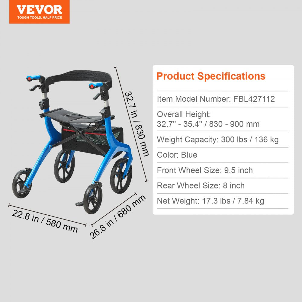 Folding Rollator Walker for Seniors and Adults, Lightweight Aluminum Rolling Walker with Seat and Adjustable Handle, 4-W