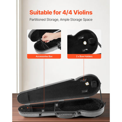 4/4 Full Size Violin Case, Built-in Hygrometer, Lightweight Portable Travel Carrying Bag, with Plush Lining, Dual Should
