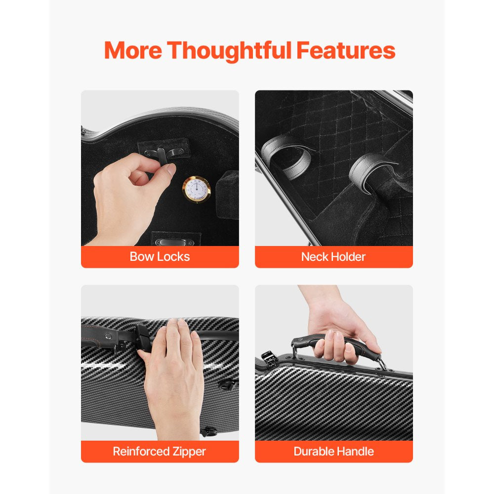 4/4 Full Size Violin Case, Built-in Hygrometer, Lightweight Portable Travel Carrying Bag, with Plush Lining, Dual Shoulder Straps, Anti-Scratch, Professional Triangular Shape, for Violin, Black