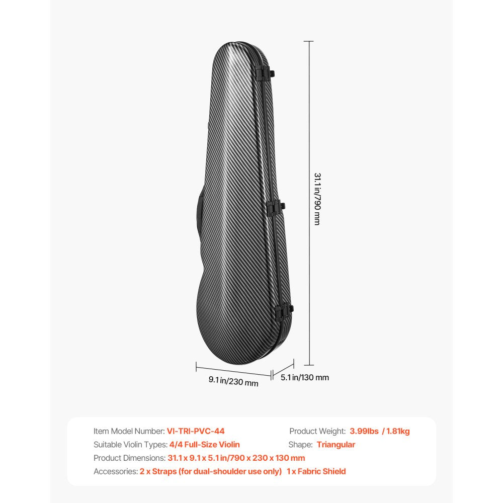 4/4 Full Size Violin Case, Built-in Hygrometer, Lightweight Portable Travel Carrying Bag, with Plush Lining, Dual Shoulder Straps, Anti-Scratch, Professional Triangular Shape, for Violin, Black