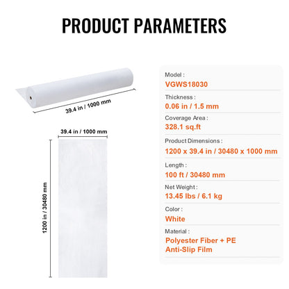 Carpet Protection Film, 1m x 30.48m, Easy Install, Anti-Slip, White, 6.1 kg