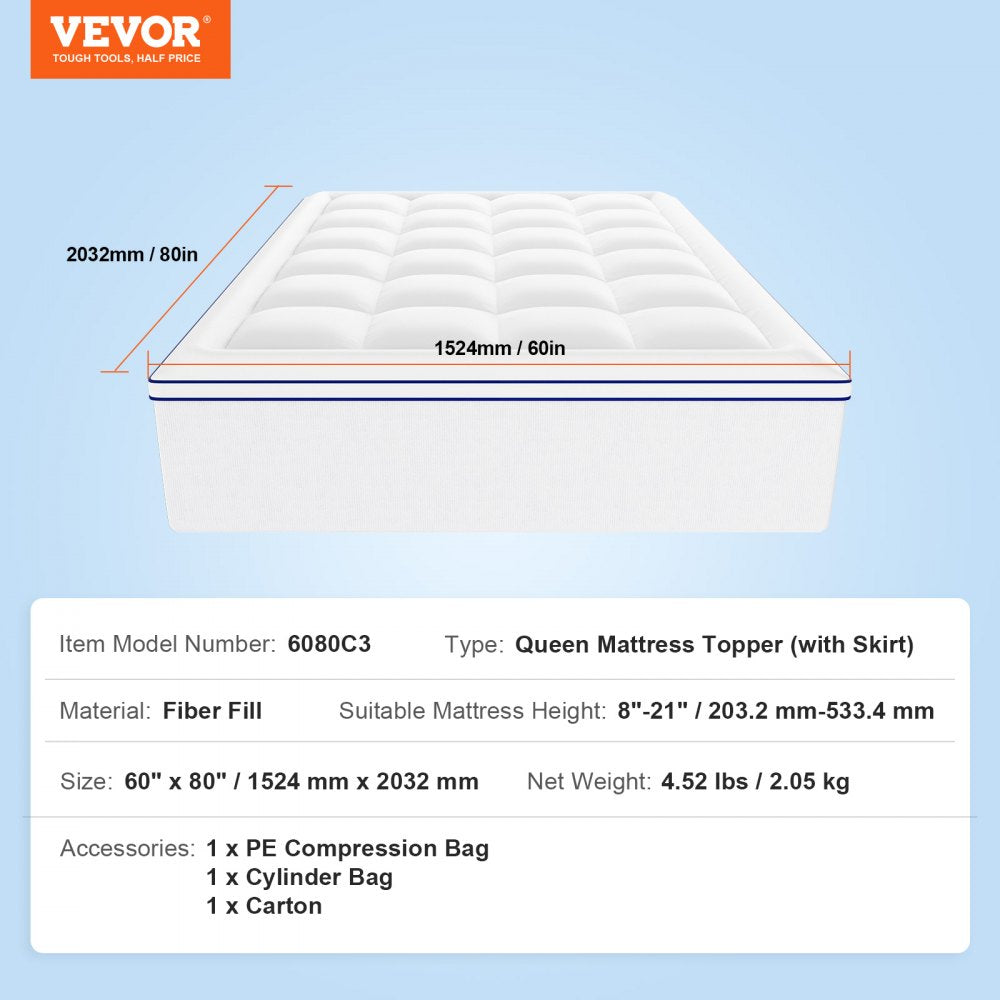 VEVOR Mattress Topper Fiber Fill Detachable & Washable Queen 25.4 mm Thickness