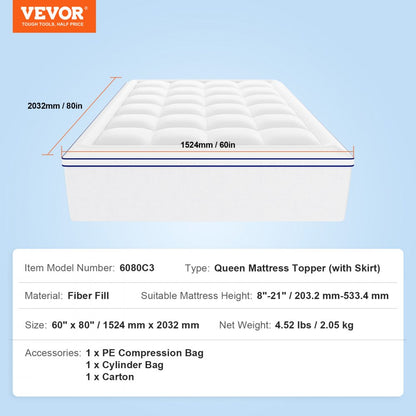 VEVOR Mattress Topper Fiber Fill Detachable & Washable Queen 25.4 mm Thickness