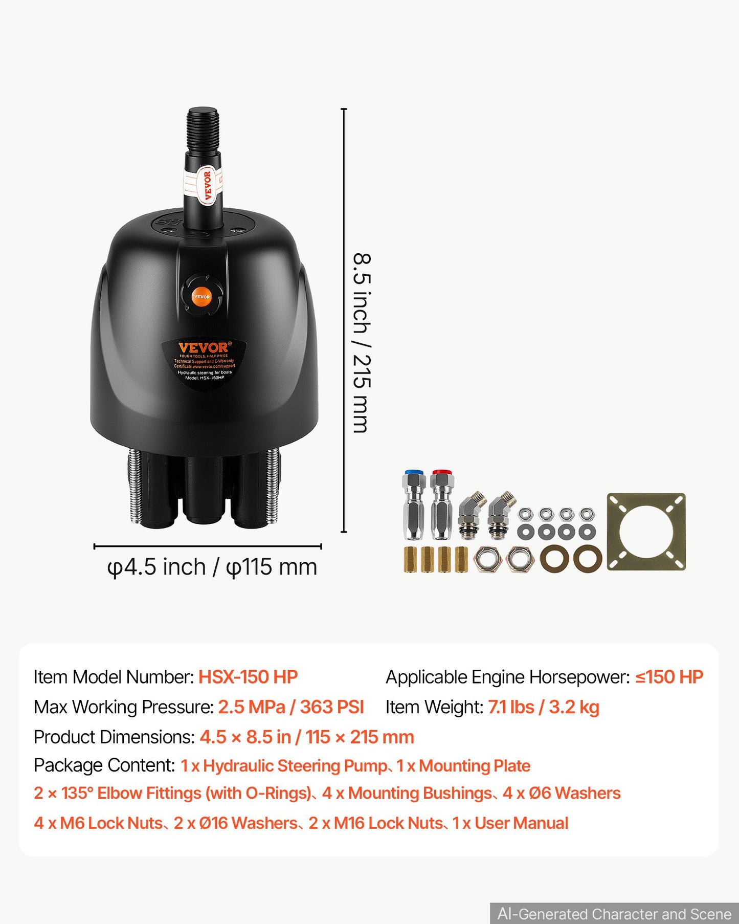 Hydraulic Steering Helm Pump 150 HP Outboard Hydraulic Pump for Boats, Marine Boat Steering System, 2.5 MPa Max Work Pressure, Aluminum Alloy Housing, Built-in Lock Valve, Replaceable Shaft Seal