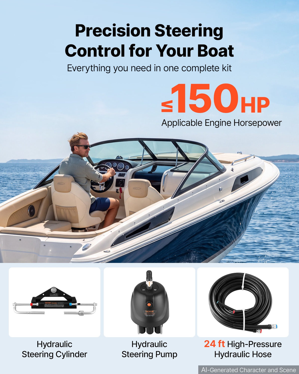 Hydraulic Steering Kit 150HP Hydraulic Outboard Steering System 7.32m, Marine Boat Steering System, 2.5 MPa Helm Pump, Two-Way Lock Cylinder, 7.32 m High-Strength Hoses, for Single-Engine Use