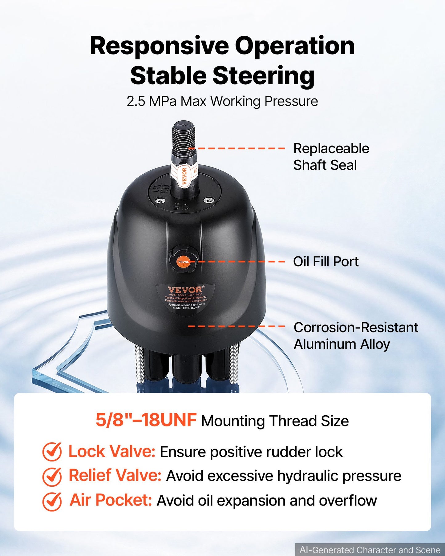 Hydraulic Steering Kit 150HP Hydraulic Outboard Steering System 7.32m, Marine Boat Steering System, 2.5 MPa Helm Pump, Two-Way Lock Cylinder, 7.32 m High-Strength Hoses, for Single-Engine Use
