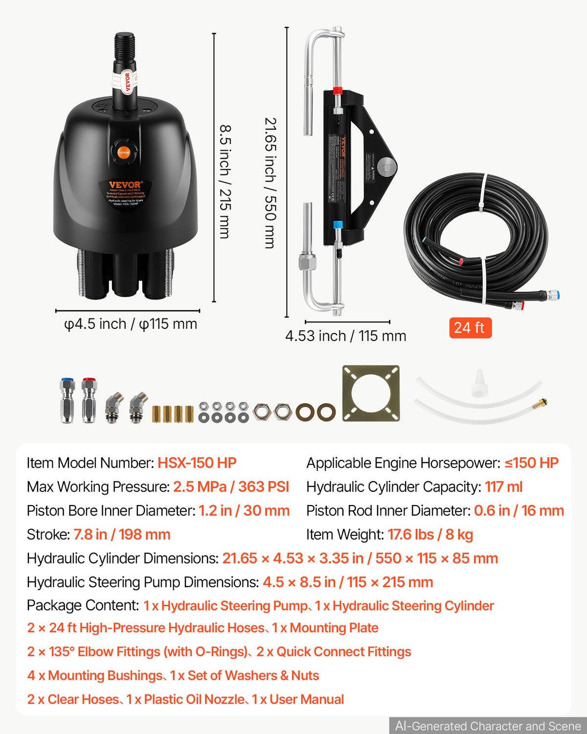 Hydraulic Steering Kit 150HP Hydraulic Outboard Steering System 7.32m, Marine Boat Steering System, 2.5 MPa Helm Pump, Two-Way Lock Cylinder, 7.32 m High-Strength Hoses, for Single-Engine Use