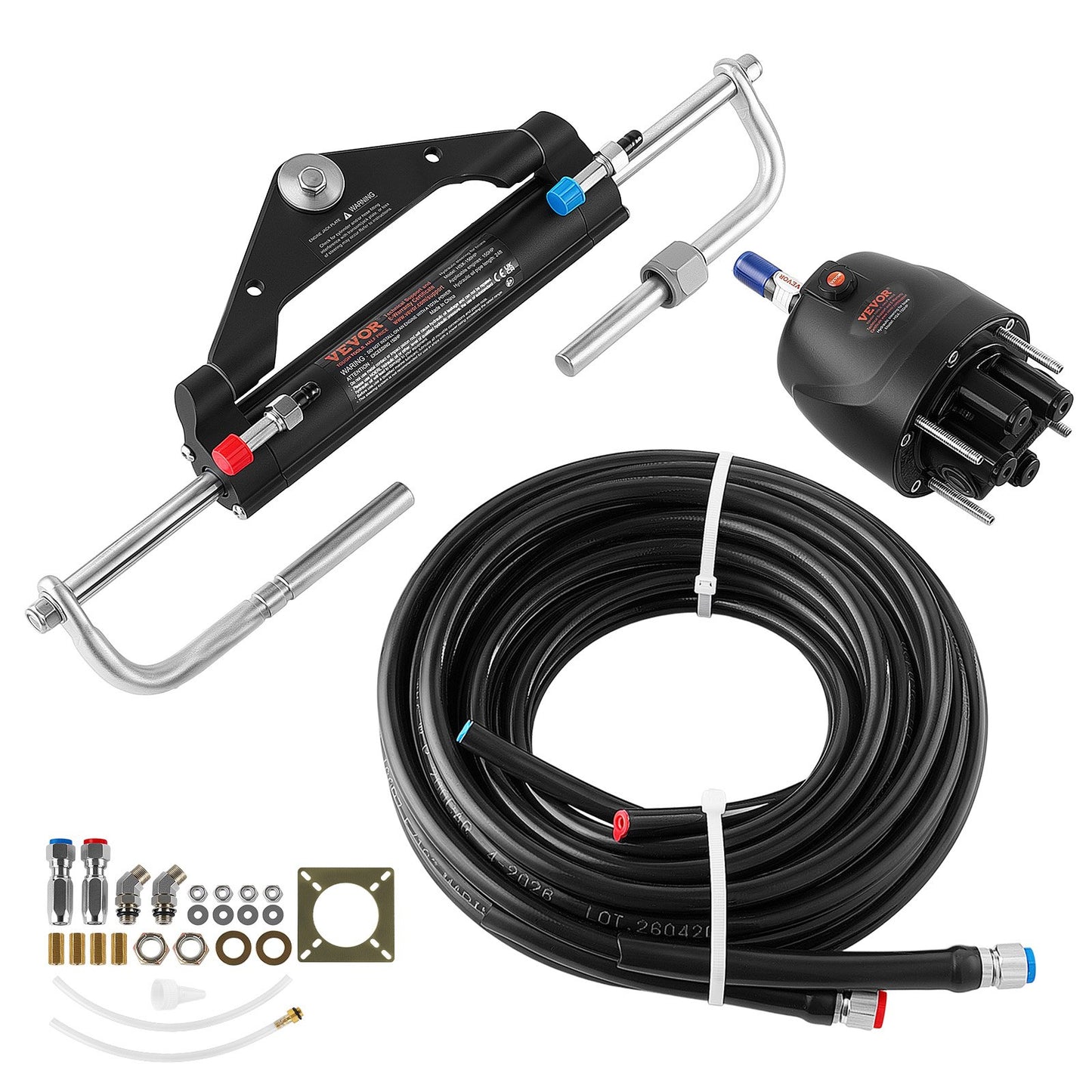 Hydraulic Steering Kit 150HP Hydraulic Outboard Steering System 7.32m, Marine Boat Steering System, 2.5 MPa Helm Pump, Two-Way Lock Cylinder, 7.32 m High-Strength Hoses, for Single-Engine Use