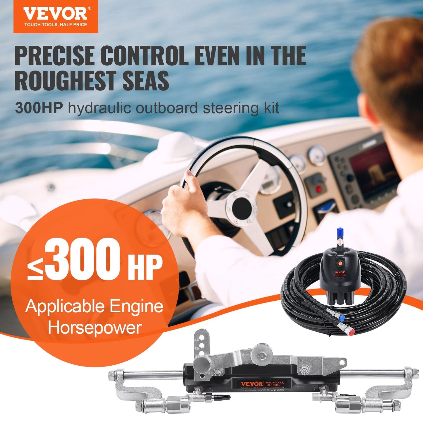 Marine Hydraulic Steering Kit for 300HP Outboard Engines, 26m Hose, 200mm Stroke