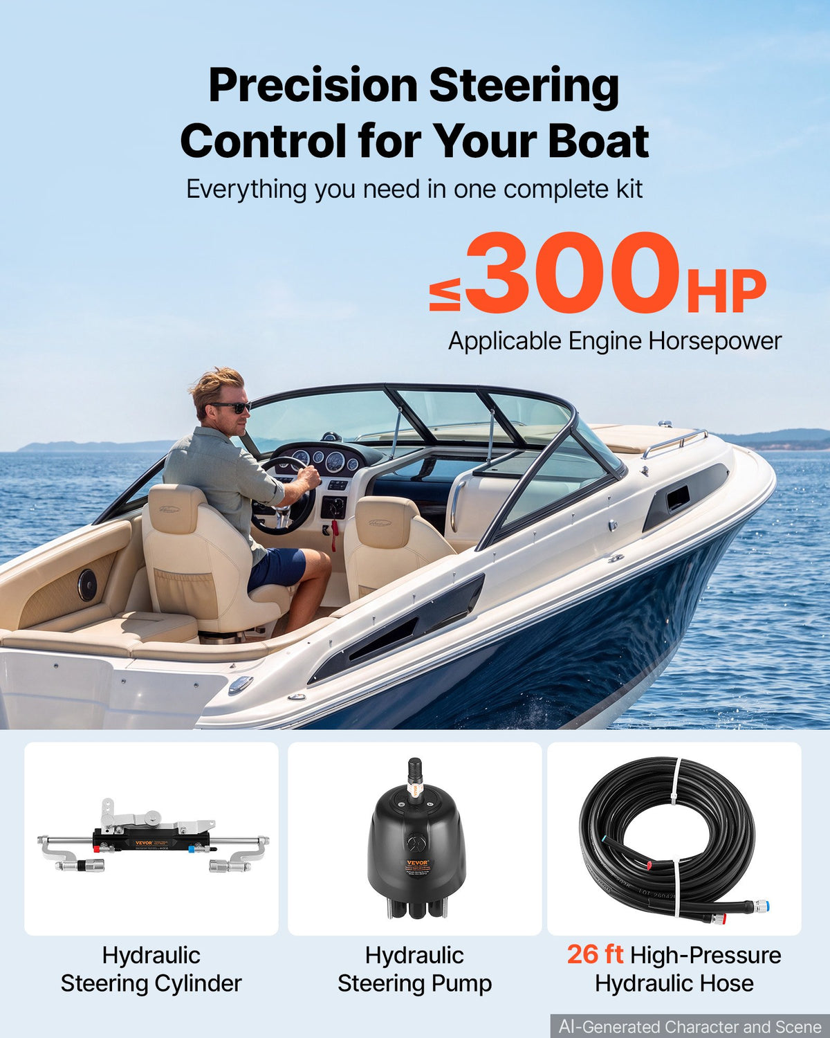 Hydraulic Steering Kit 300HP Hydraulic Outboard Steering System 7.92m, Marine Boat Steering System, 2.5 MPa Helm Pump, Two-Way Lock Cylinder, 7.92 m High-Strength Hoses, for Single-Engine Use