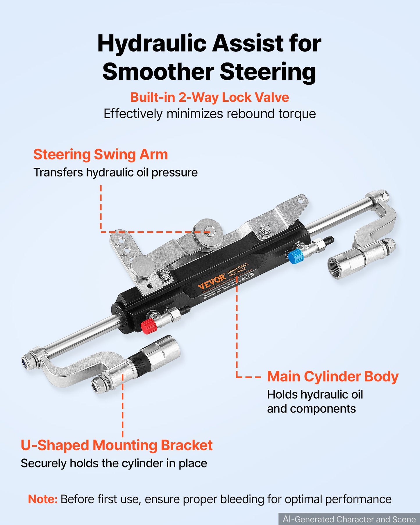 Hydraulic Steering Kit 300HP Hydraulic Outboard Steering System 7.92m, Marine Boat Steering System, 2.5 MPa Helm Pump, Two-Way Lock Cylinder, 7.92 m High-Strength Hoses, for Single-Engine Use
