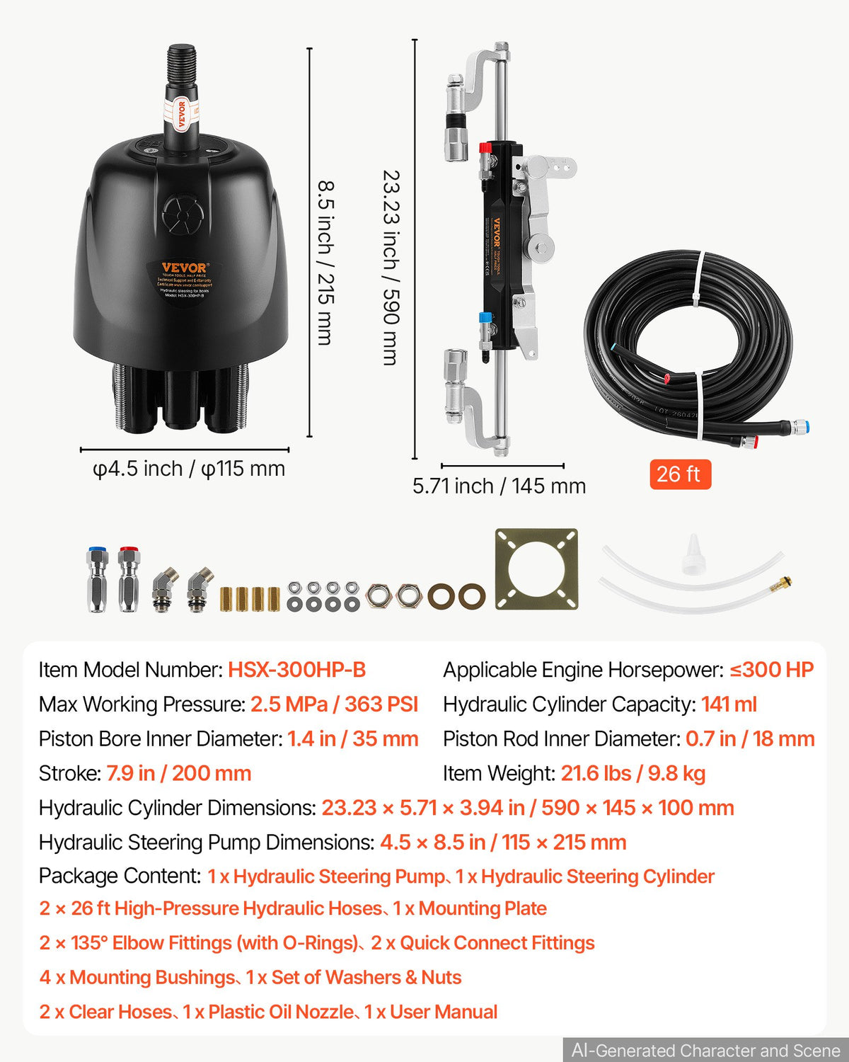 Hydraulic Steering Kit 300HP Hydraulic Outboard Steering System 7.92m, Marine Boat Steering System, 2.5 MPa Helm Pump, Two-Way Lock Cylinder, 7.92 m High-Strength Hoses, for Single-Engine Use