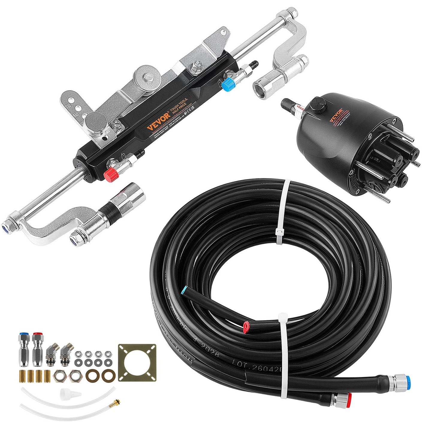 Hydraulic Steering Kit 300HP Hydraulic Outboard Steering System 7.92m, Marine Boat Steering System, 2.5 MPa Helm Pump, Two-Way Lock Cylinder, 7.92 m High-Strength Hoses, for Single-Engine Use