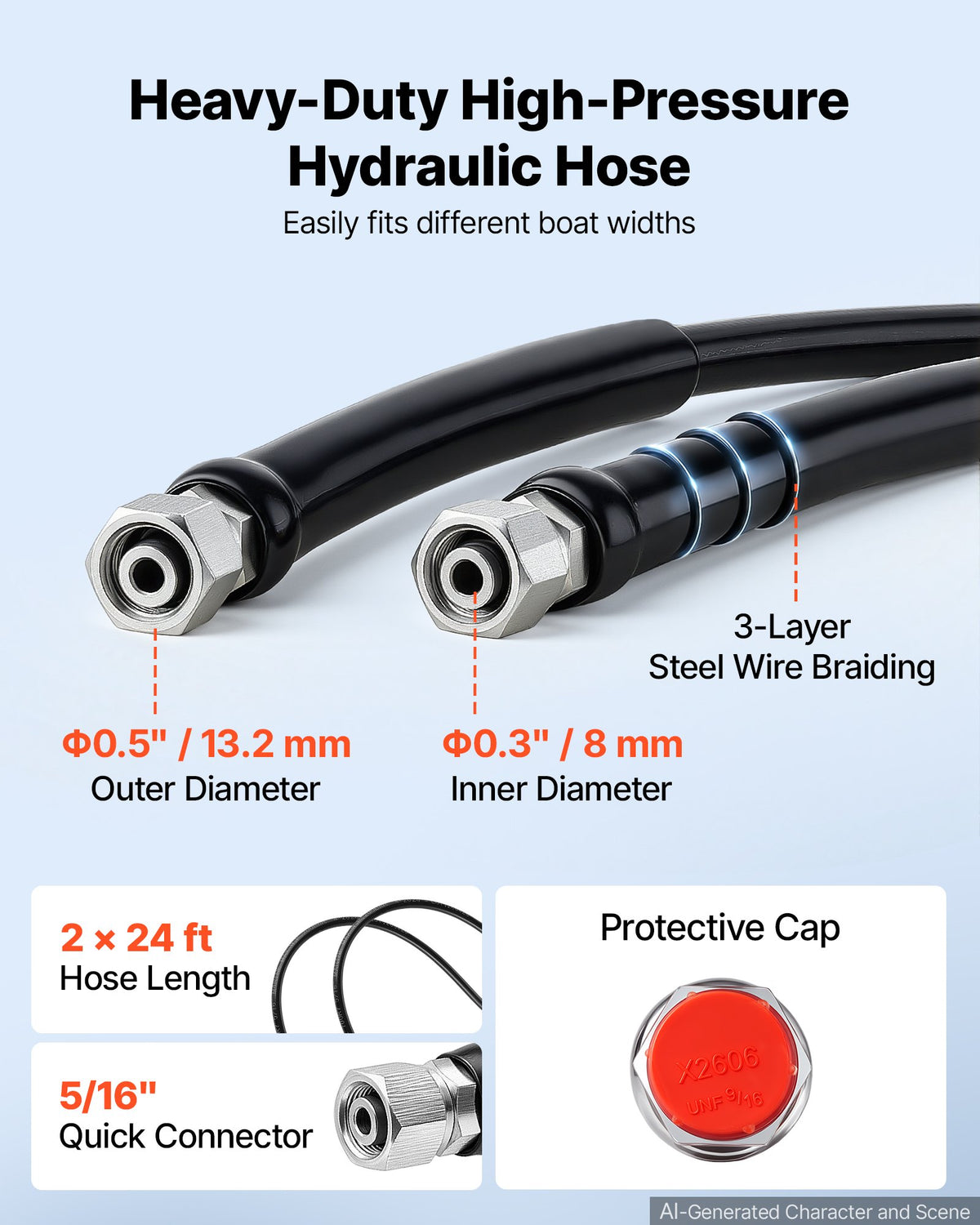 Hydraulic Steering Kit 90HP Hydraulic Outboard Steering System 7.32m, Marine Boat Steering System, 2.5 MPa Helm Pump, Two-Way Lock Cylinder, 7.32 m High-Strength Hoses, for Single-Engine Use