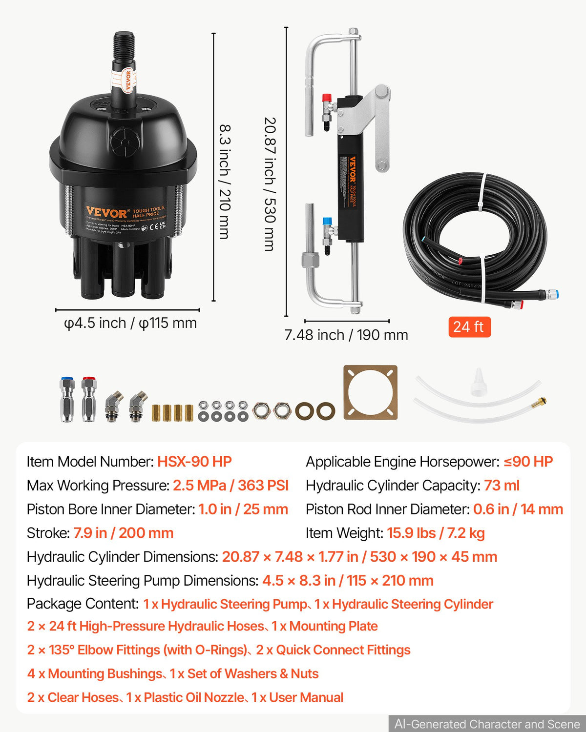 Hydraulic Steering Kit 90HP Hydraulic Outboard Steering System 7.32m, Marine Boat Steering System, 2.5 MPa Helm Pump, Two-Way Lock Cylinder, 7.32 m High-Strength Hoses, for Single-Engine Use