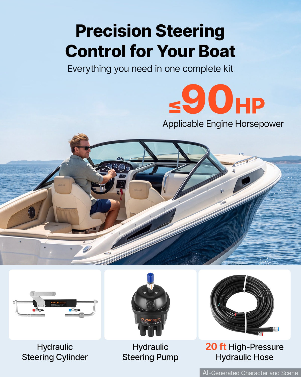 Hydraulic Steering Kit 90HP Hydraulic Outboard Steering System 6.1m, Marine Boat Steering System, 2.5 MPa Helm Pump, Two-Way Lock Cylinder, 6.1 m High-Strength Hoses, for Single-Engine Use