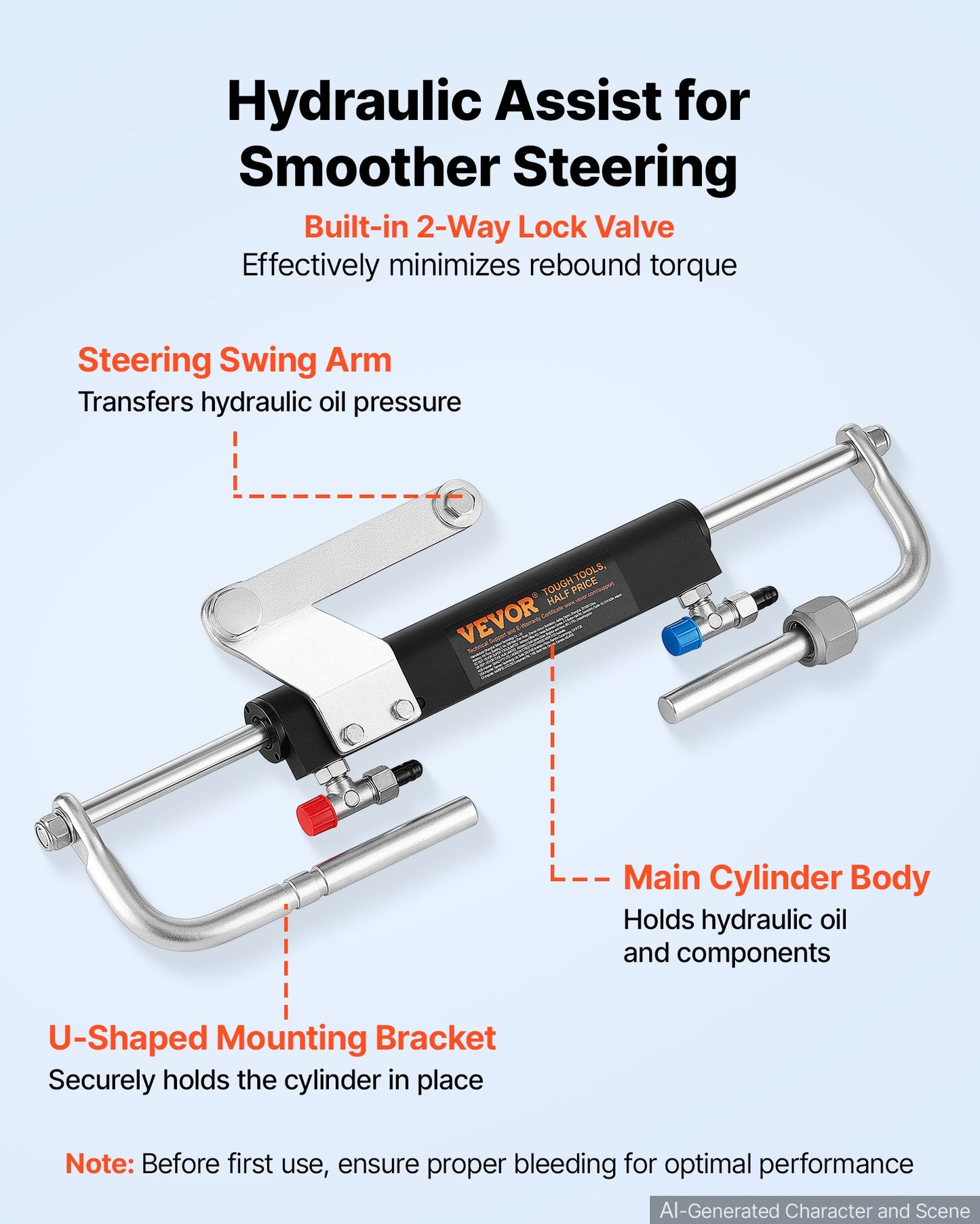 Hydraulic Steering Kit 90HP Hydraulic Outboard Steering System 6.1m, Marine Boat Steering System, 2.5 MPa Helm Pump, Two-Way Lock Cylinder, 6.1 m High-Strength Hoses, for Single-Engine Use