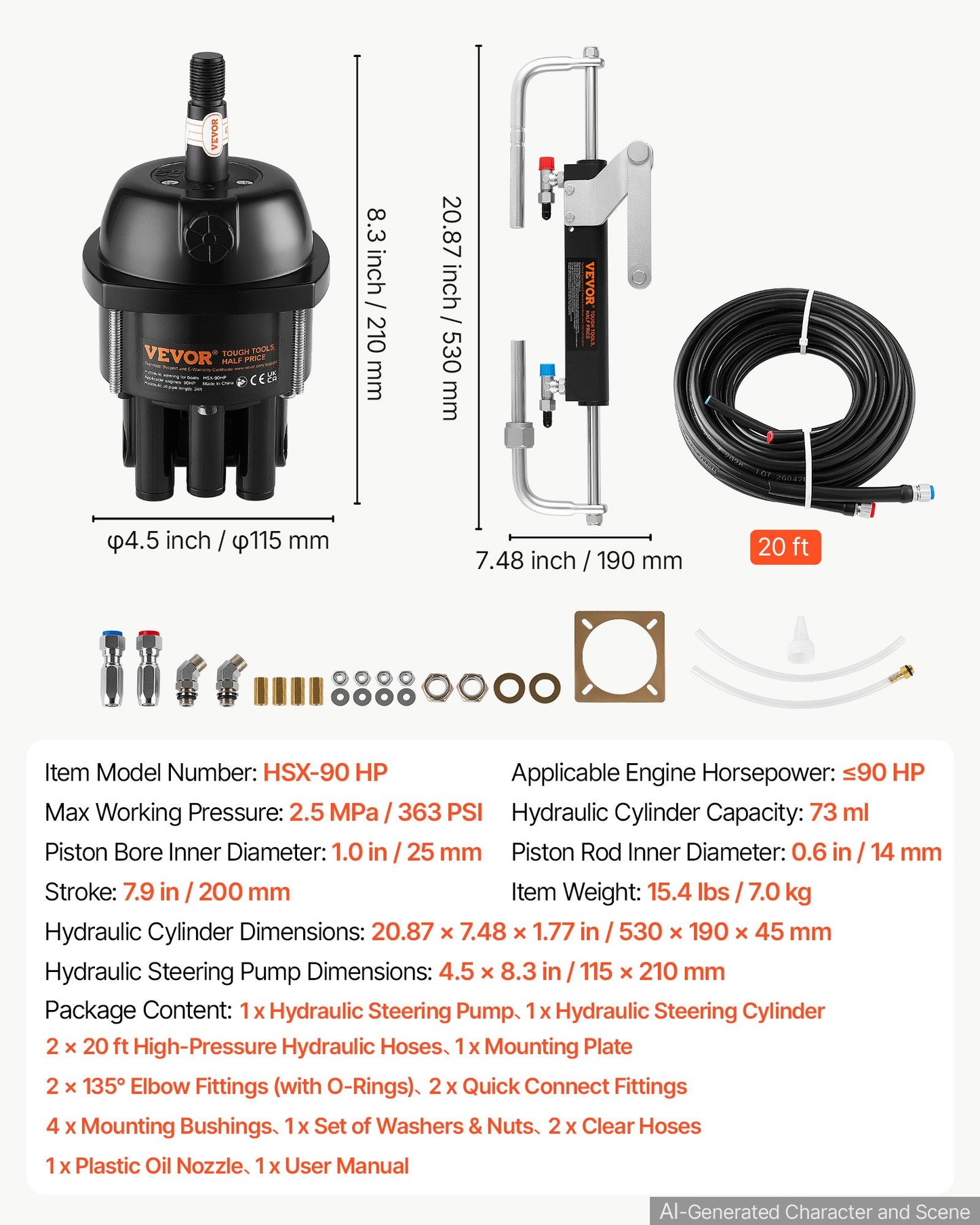 Hydraulic Steering Kit 90HP Hydraulic Outboard Steering System 6.1m, Marine Boat Steering System, 2.5 MPa Helm Pump, Two-Way Lock Cylinder, 6.1 m High-Strength Hoses, for Single-Engine Use