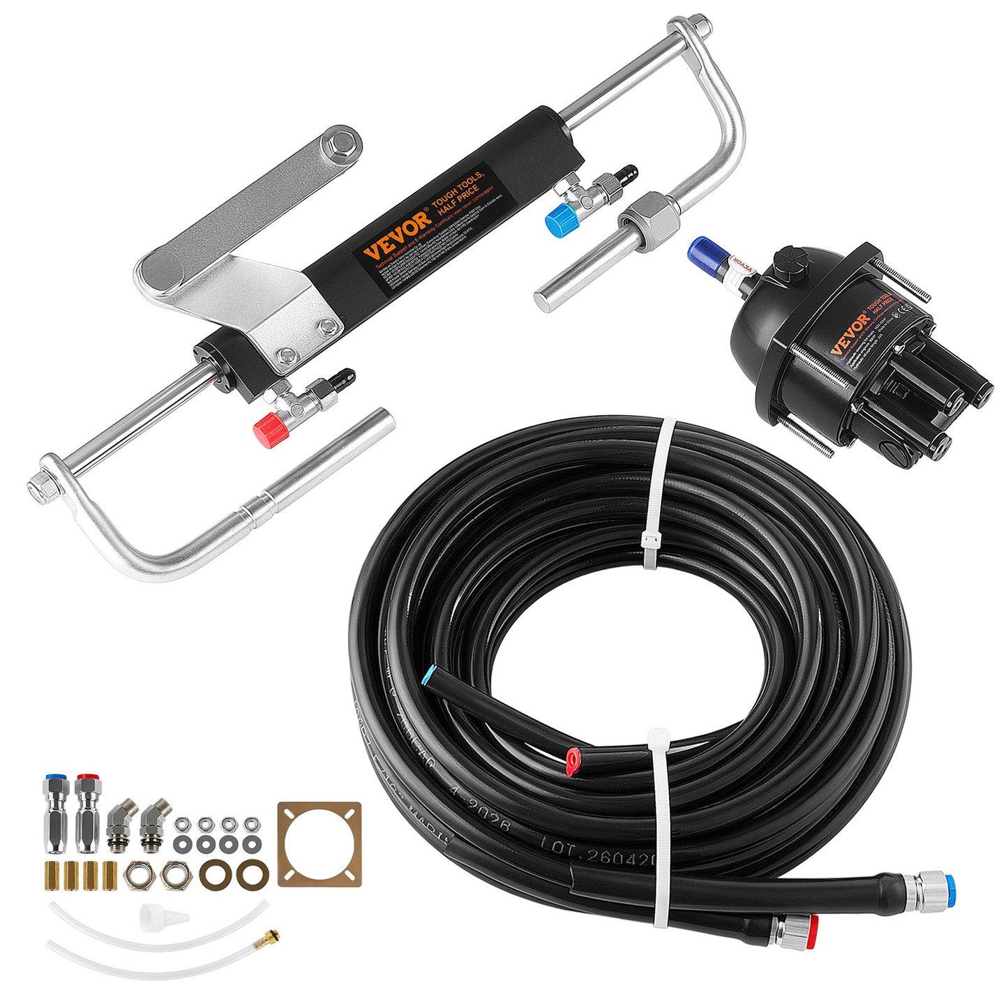 Hydraulic Steering Kit 90HP Hydraulic Outboard Steering System 6.1m, Marine Boat Steering System, 2.5 MPa Helm Pump, Two-Way Lock Cylinder, 6.1 m High-Strength Hoses, for Single-Engine Use