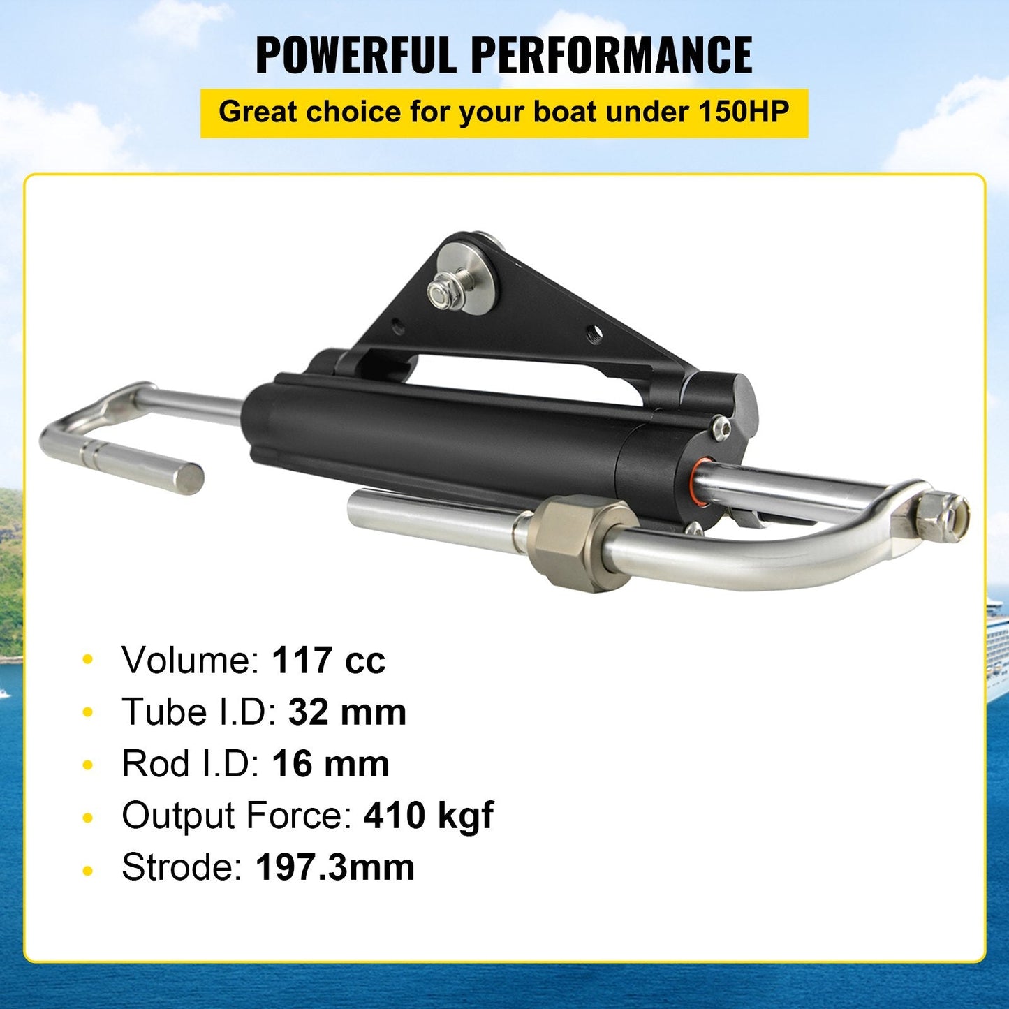 Front Mount Hydraulic Steering Cylinder for Outboard Motors Up to 150HP