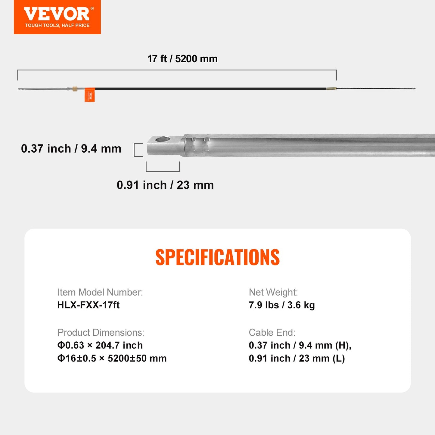 VEVOR Boat Steering Cable, 17 Feet Outboard Marine Rotary Steering Cable, 1/2 Ton