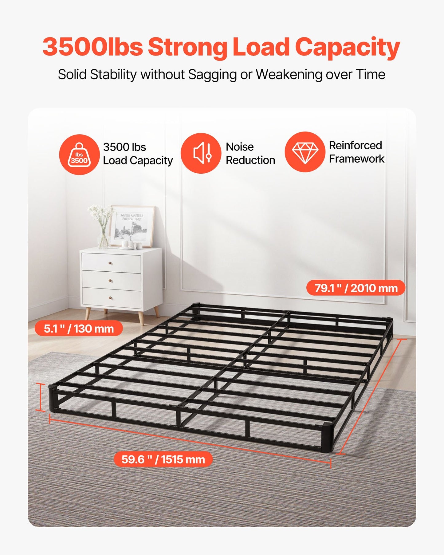 Box Spring, Queen Size Bed Frame with Washable Fabric Cloth, Heavy Duty Metal Frame for Queen Bed, 130 mm Mattress Foundation, 1587.57 kg Max Weight Capacity, Easy Assembly, 2010 x 1515 x 130 mm