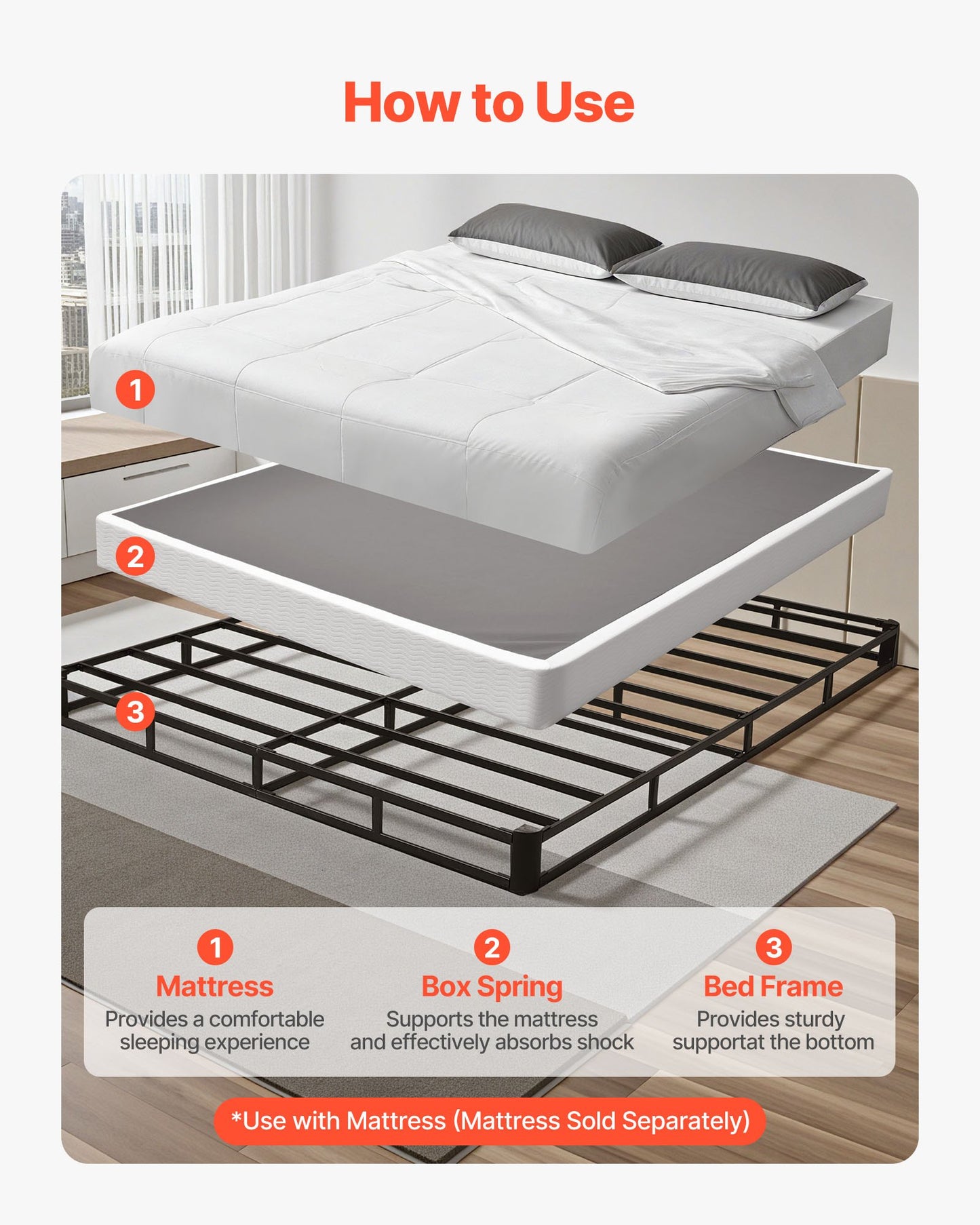 Box Spring, Queen Size Bed Frame with Washable Fabric Cloth, Heavy Duty Metal Frame for Queen Bed, 130 mm Mattress Foundation, 1587.57 kg Max Weight Capacity, Easy Assembly, 2010 x 1515 x 130 mm