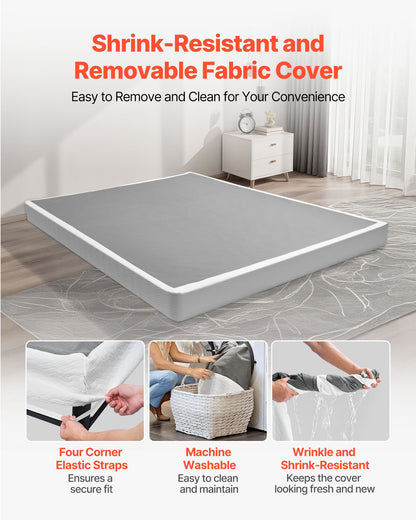 Box Spring, Queen Size Bed Frame with Washable Fabric Cloth, Heavy Duty Metal Frame for Queen Bed, 130 mm Mattress Foundation, 1587.57 kg Max Weight Capacity, Easy Assembly, 2010 x 1515 x 130 mm